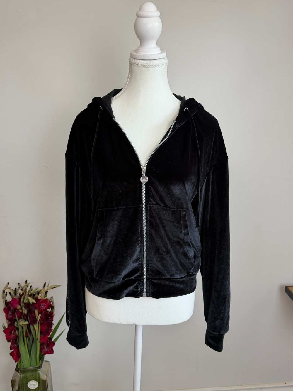 Emporio Armani Black Velvet Zip Hoodie Jacket - Women